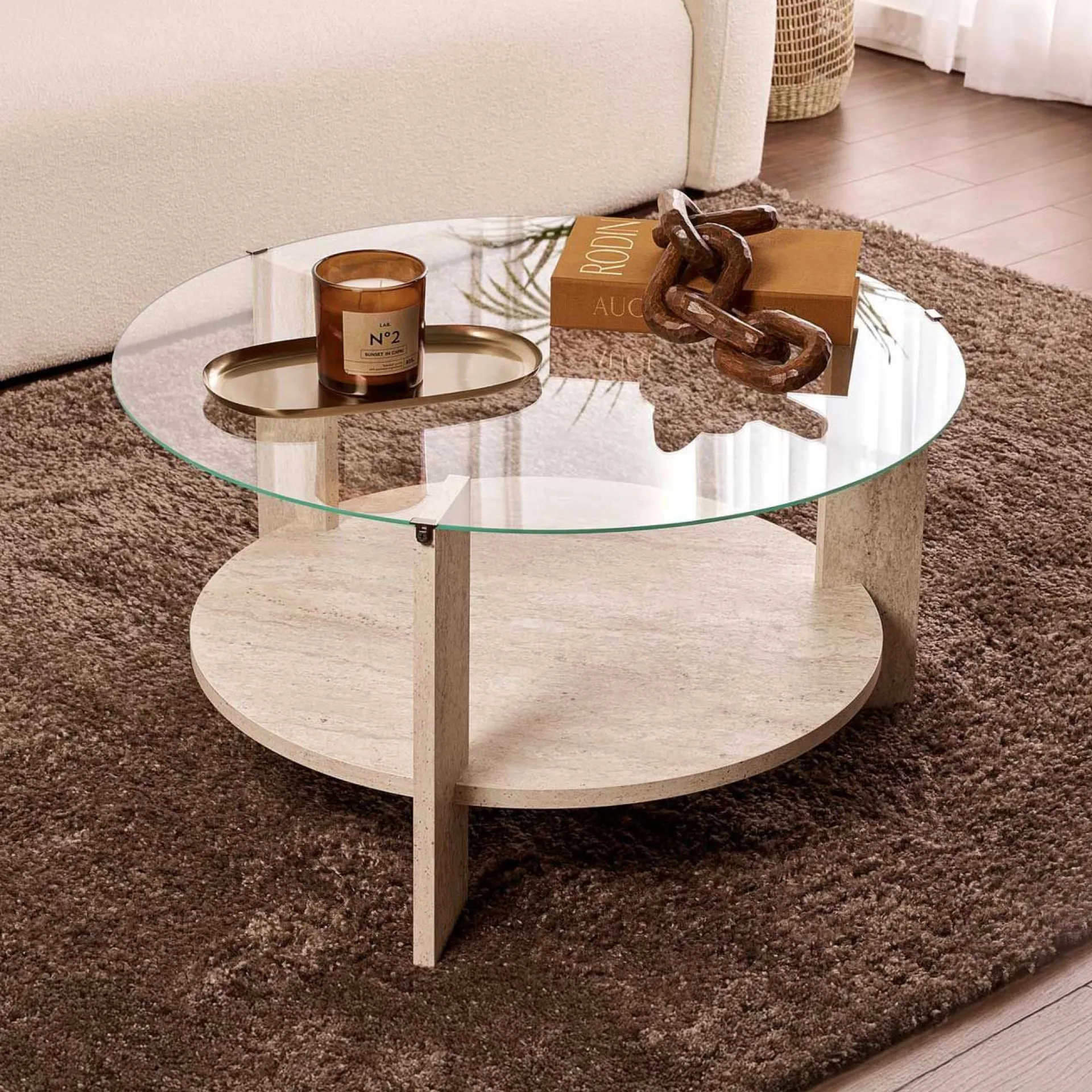 Emob Couchtisch Clara - 100% TEMPERED GLASS - Travertin - 40 x 75 x 75 cm