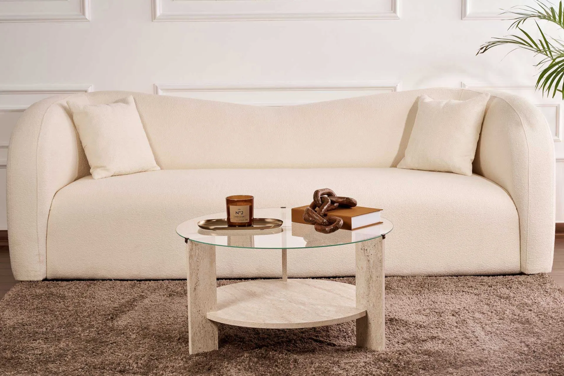 Emob Couchtisch Clara - 100% TEMPERED GLASS - Travertin - 40 x 75 x 75 cm