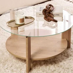 Emob Couchtisch Clara - 100% TEMPERED GLASS - Saphireiche - 40 x 75 x 75 cm