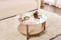 Emob Couchtisch Clara - 100% TEMPERED GLASS - Saphireiche - 40 x 75 x 75 cm