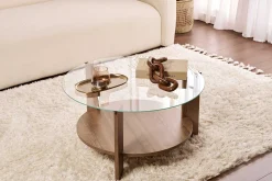 Emob Couchtisch Clara - 100% TEMPERED GLASS - Walnuss - 40 x 75 x 75 cm