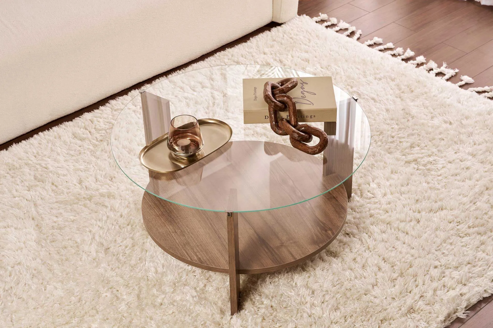 Emob Couchtisch Clara - 100% TEMPERED GLASS - Walnuss - 40 x 75 x 75 cm
