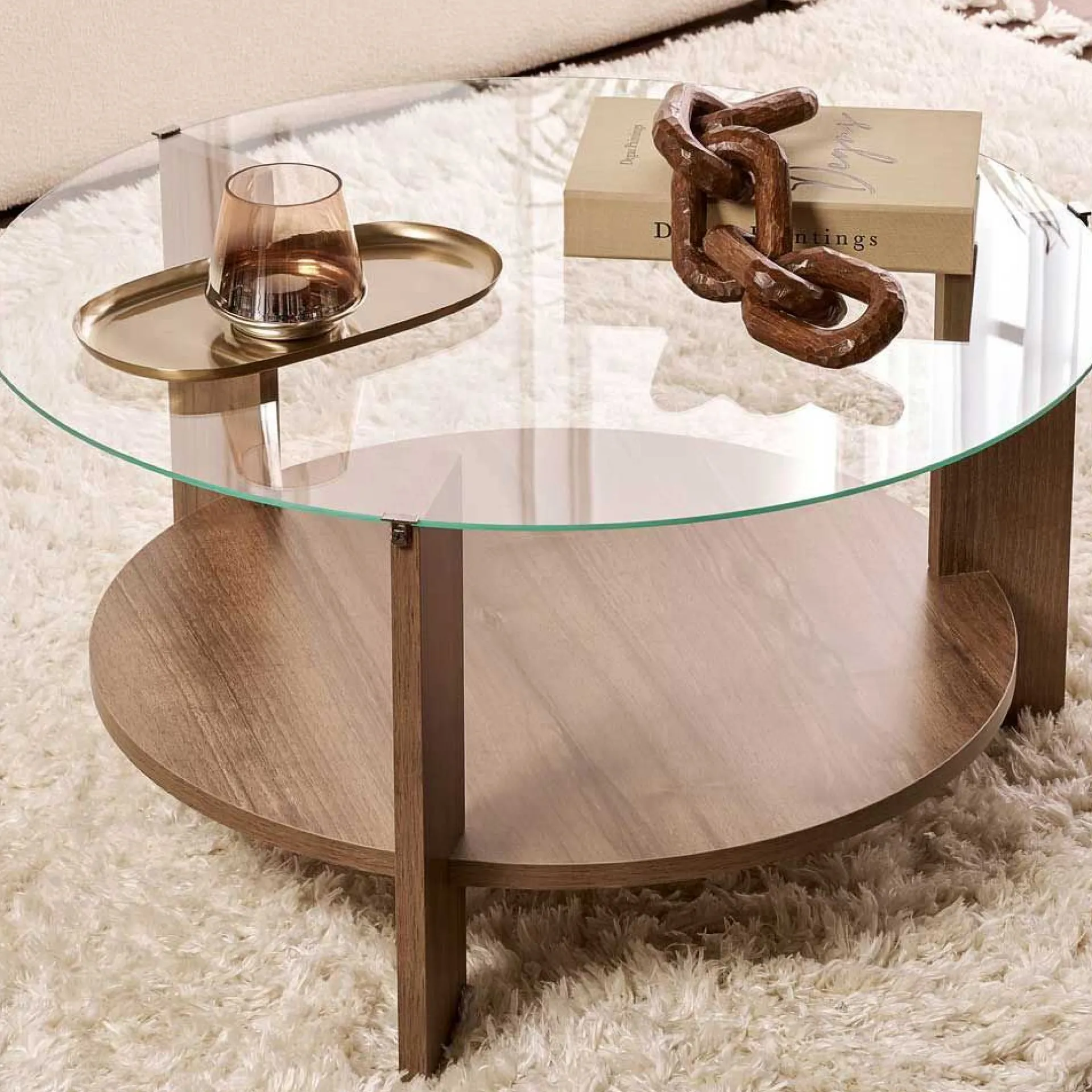 Emob Couchtisch Clara - 100% TEMPERED GLASS - Walnuss - 40 x 75 x 75 cm