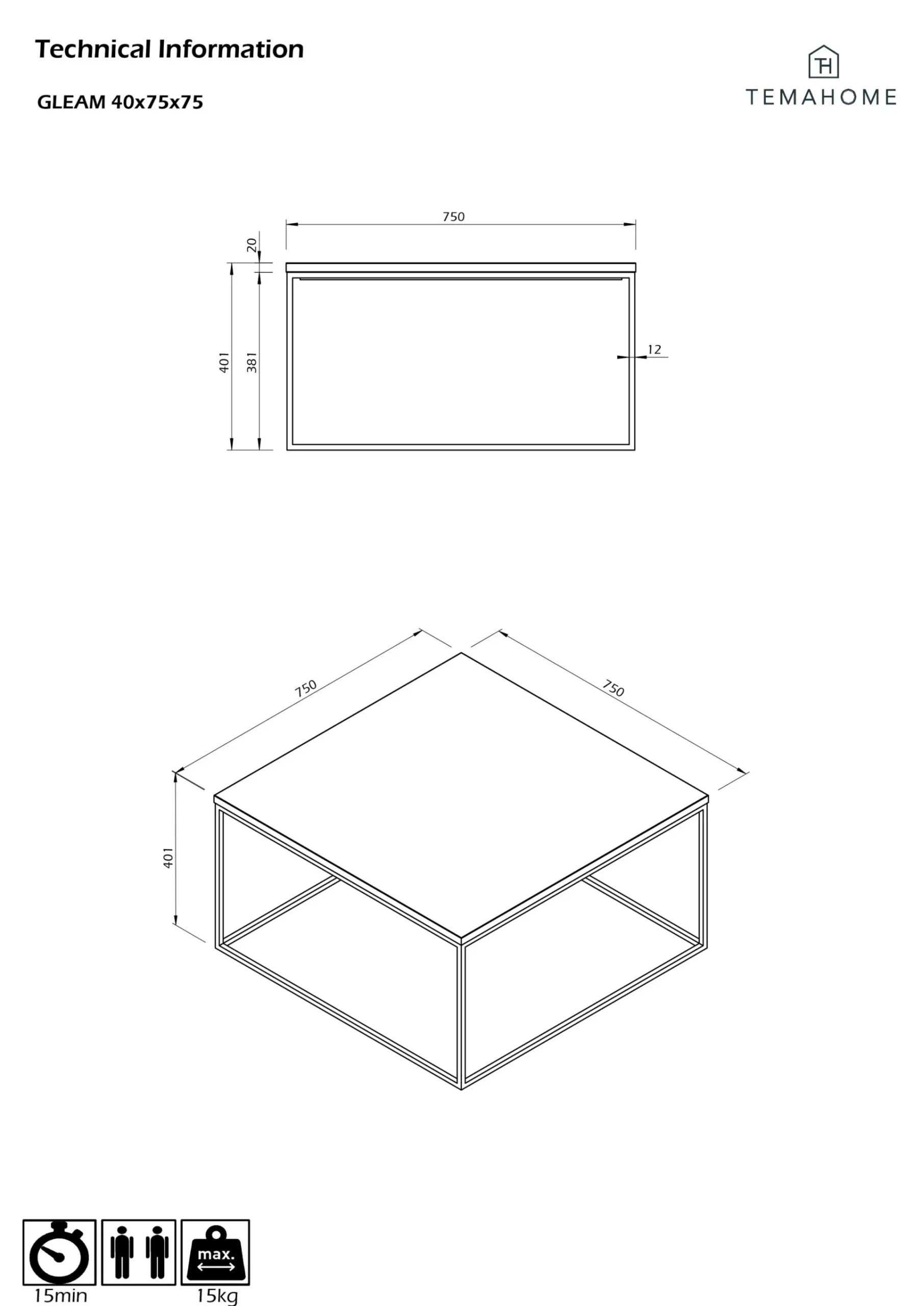 Temahome Couchtisch Gleam 75x75 - Eiche/Stahl
