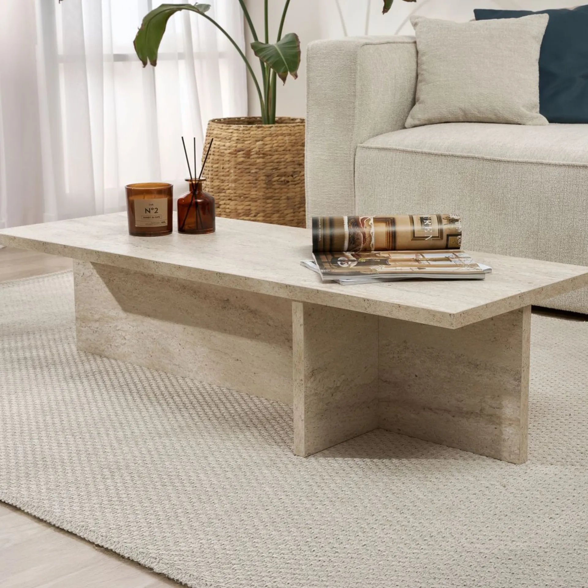 Emob Couchtisch Harbor - 100% MELAMINE - Travertin - 30 x 45 x 120 cm