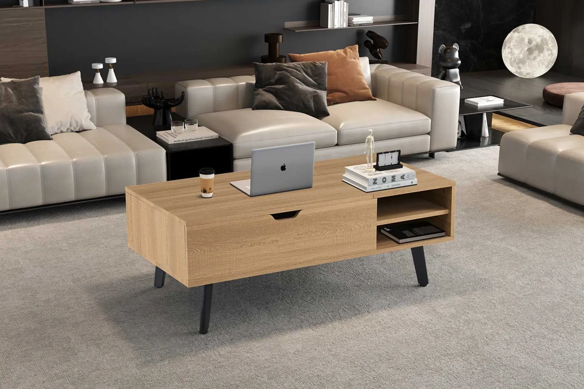 Rousseau Couchtisch Justine - 120x60x45cm - verstellbar - mit Ablage - Eiche Dekor