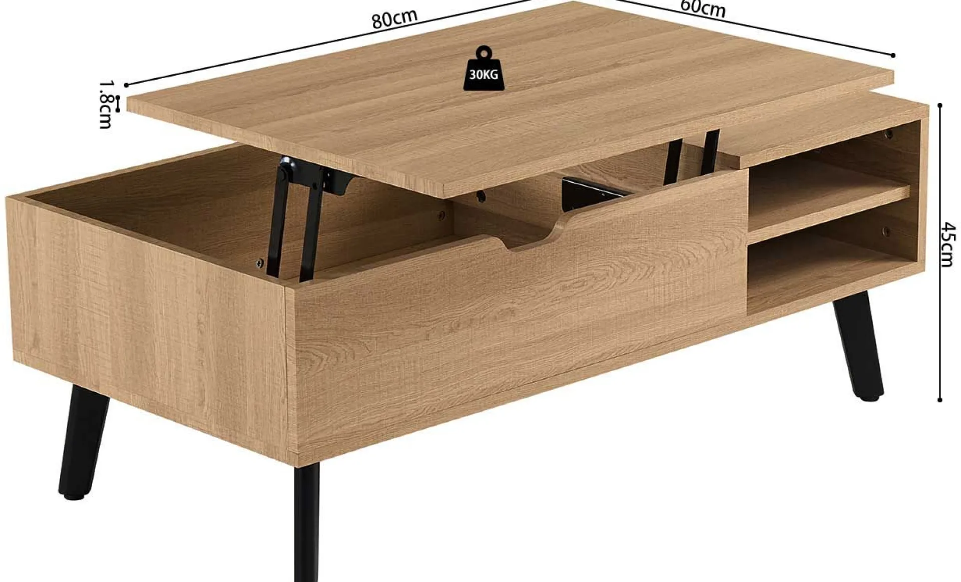 Rousseau Couchtisch Justine - 120x60x45cm - verstellbar - mit Ablage - Eiche Dekor