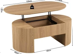 Rousseau Couchtisch Lagos - 120x70x45cm - verstellbar - mit Ablage - Eiche Dekor