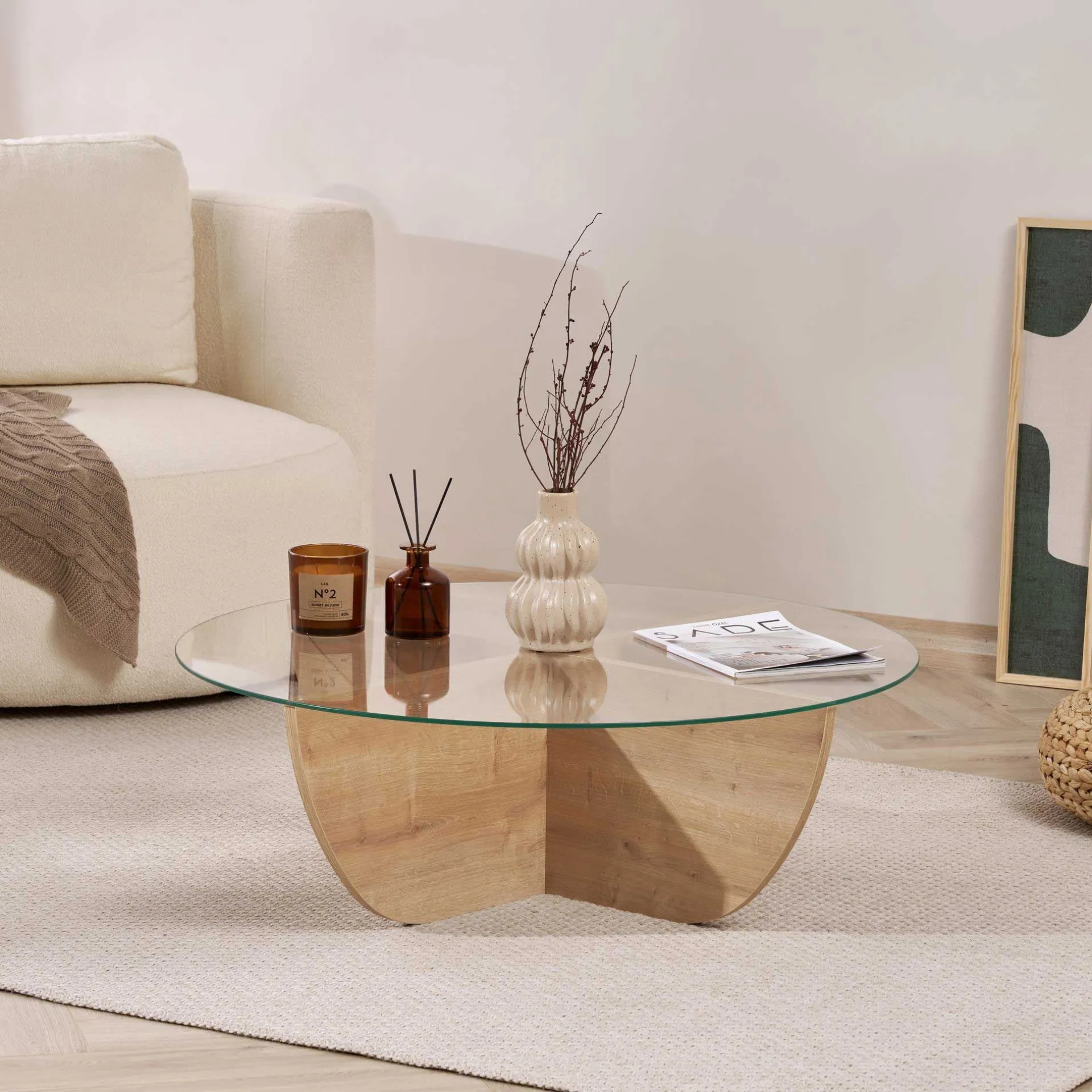 Emob Couchtisch Liya - 100% TEMPERED GLASS - Saphireiche - 30 x 90 x 90 cm