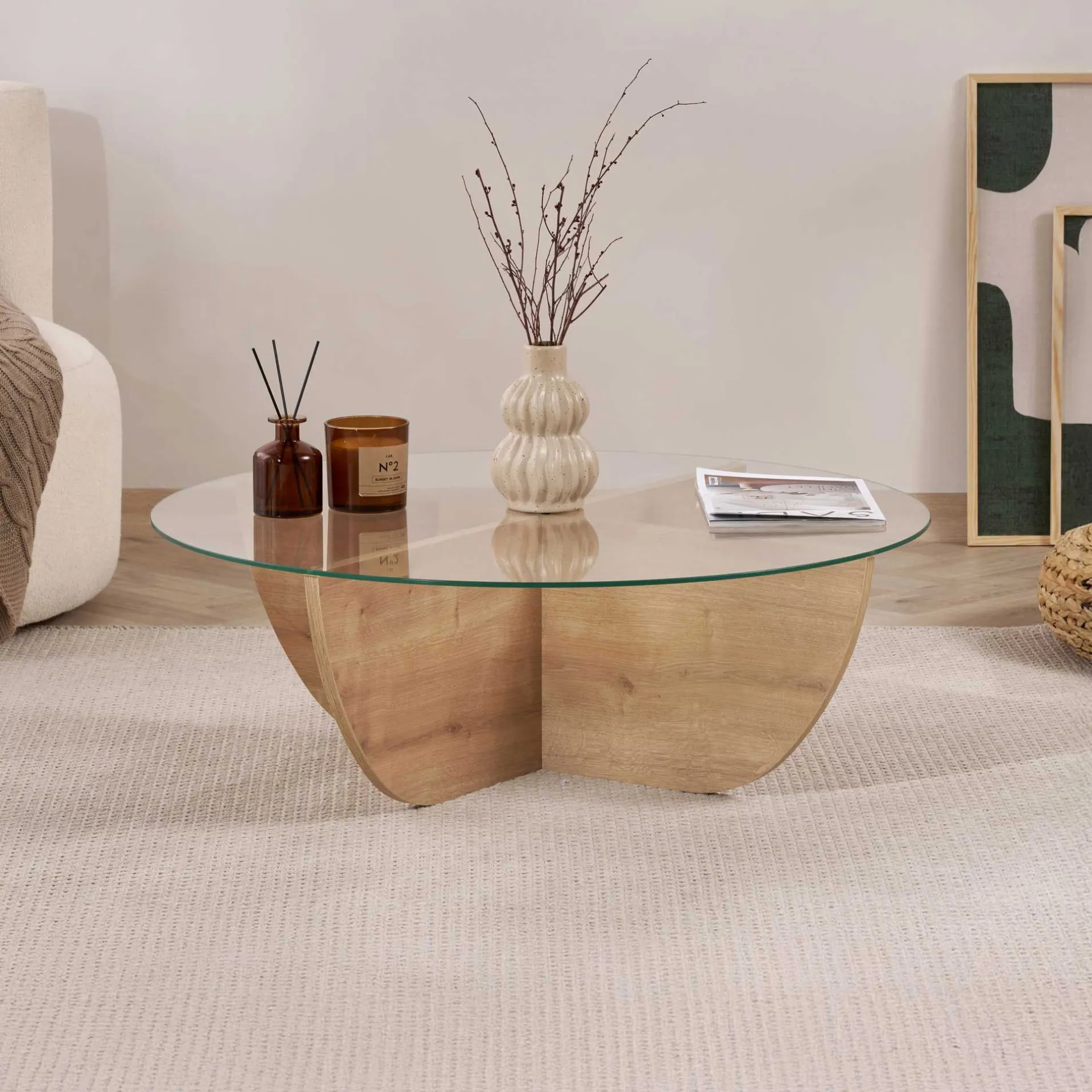 Emob Couchtisch Liya - 100% TEMPERED GLASS - Saphireiche - 30 x 90 x 90 cm