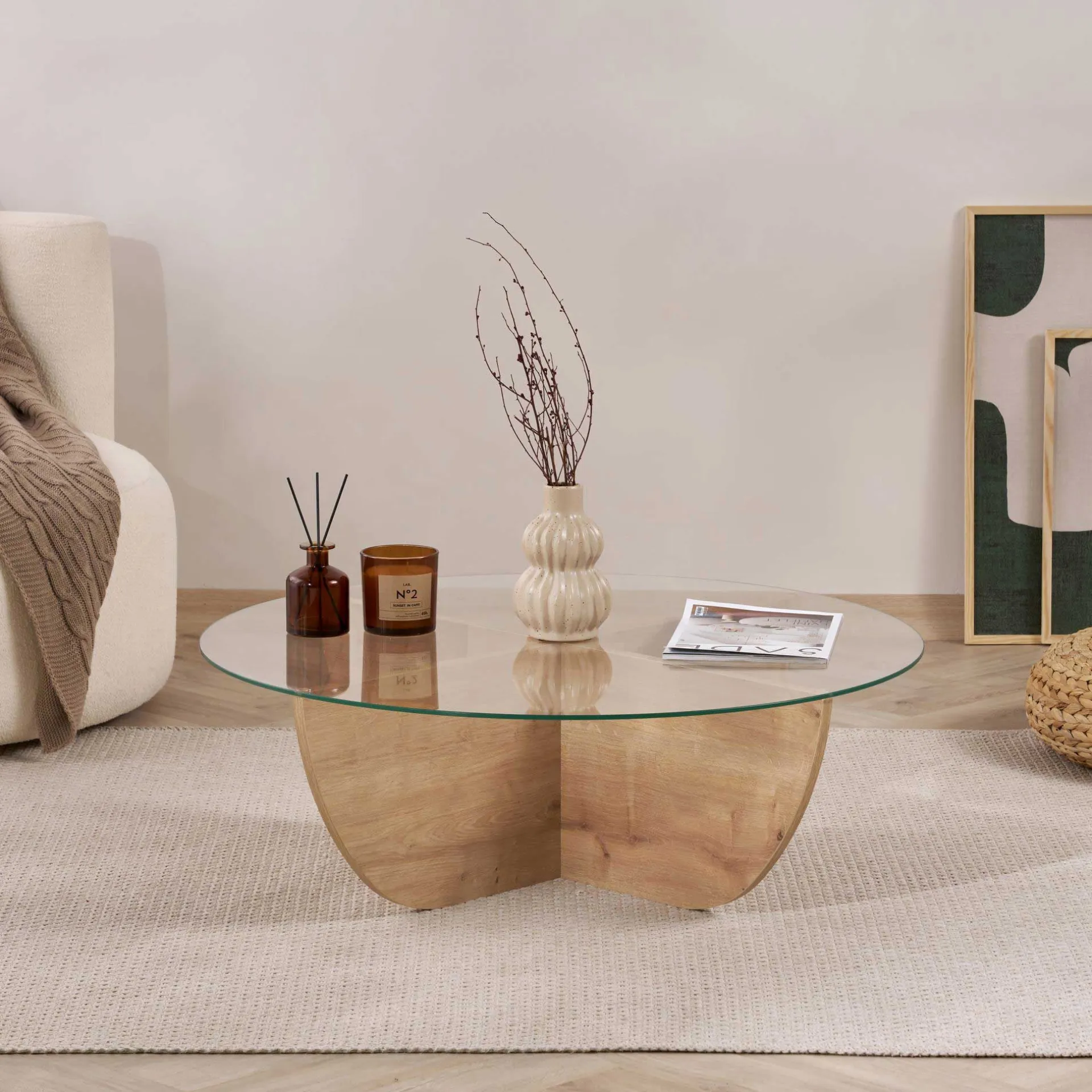 Emob Couchtisch Liya - 100% TEMPERED GLASS - Saphireiche - 30 x 90 x 90 cm