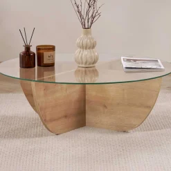 Emob Couchtisch Liya - 100% TEMPERED GLASS - Saphireiche - 30 x 90 x 90 cm