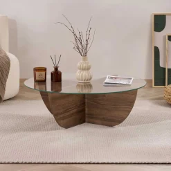 Emob Couchtisch Liya - 100% TEMPERED GLASS - Walnuss - 30 x 90 x 90 cm