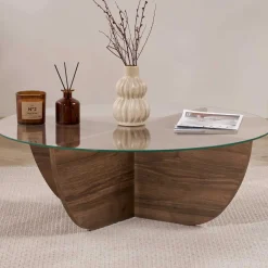 Emob Couchtisch Liya - 100% TEMPERED GLASS - Walnuss - 30 x 90 x 90 cm