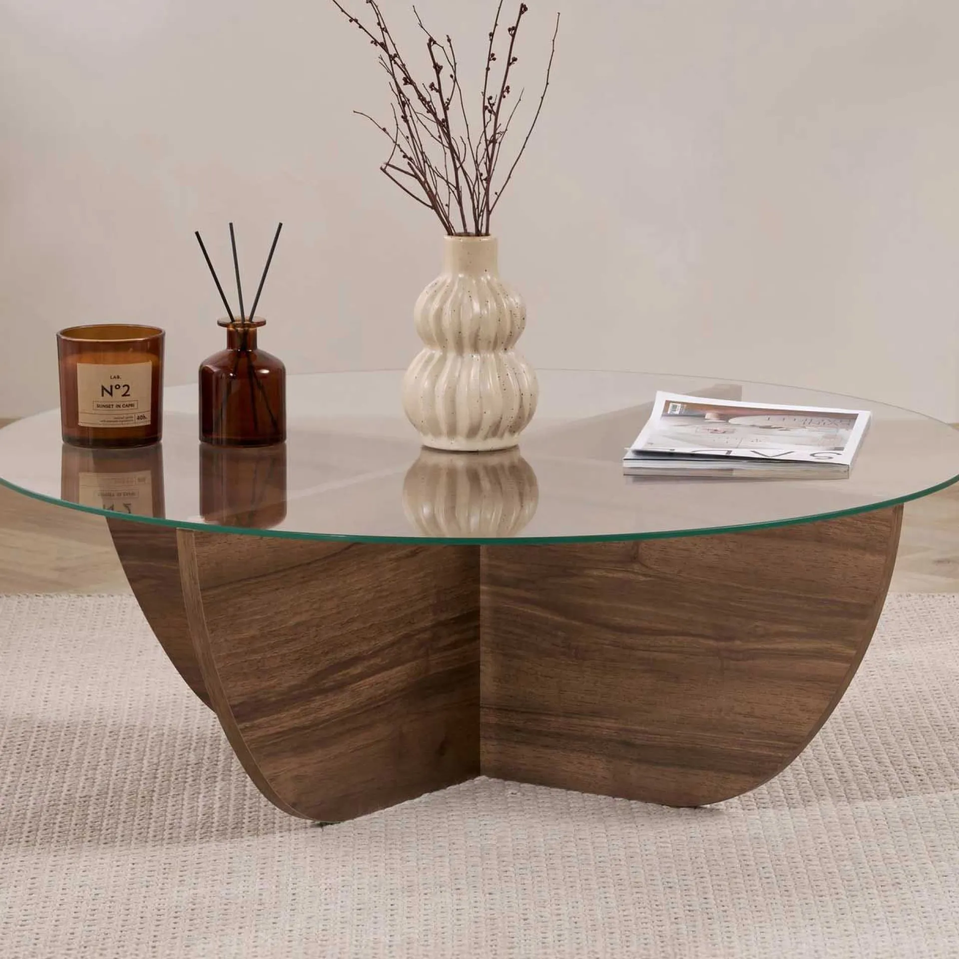 Emob Couchtisch Liya - 100% TEMPERED GLASS - Walnuss - 30 x 90 x 90 cm