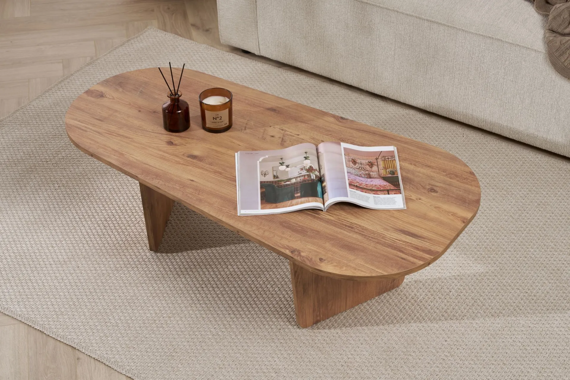 Emob Couchtisch Ovalis - 100% MELAMINE - Atlantik-Kiefer - 40 x 65 x 130 cm