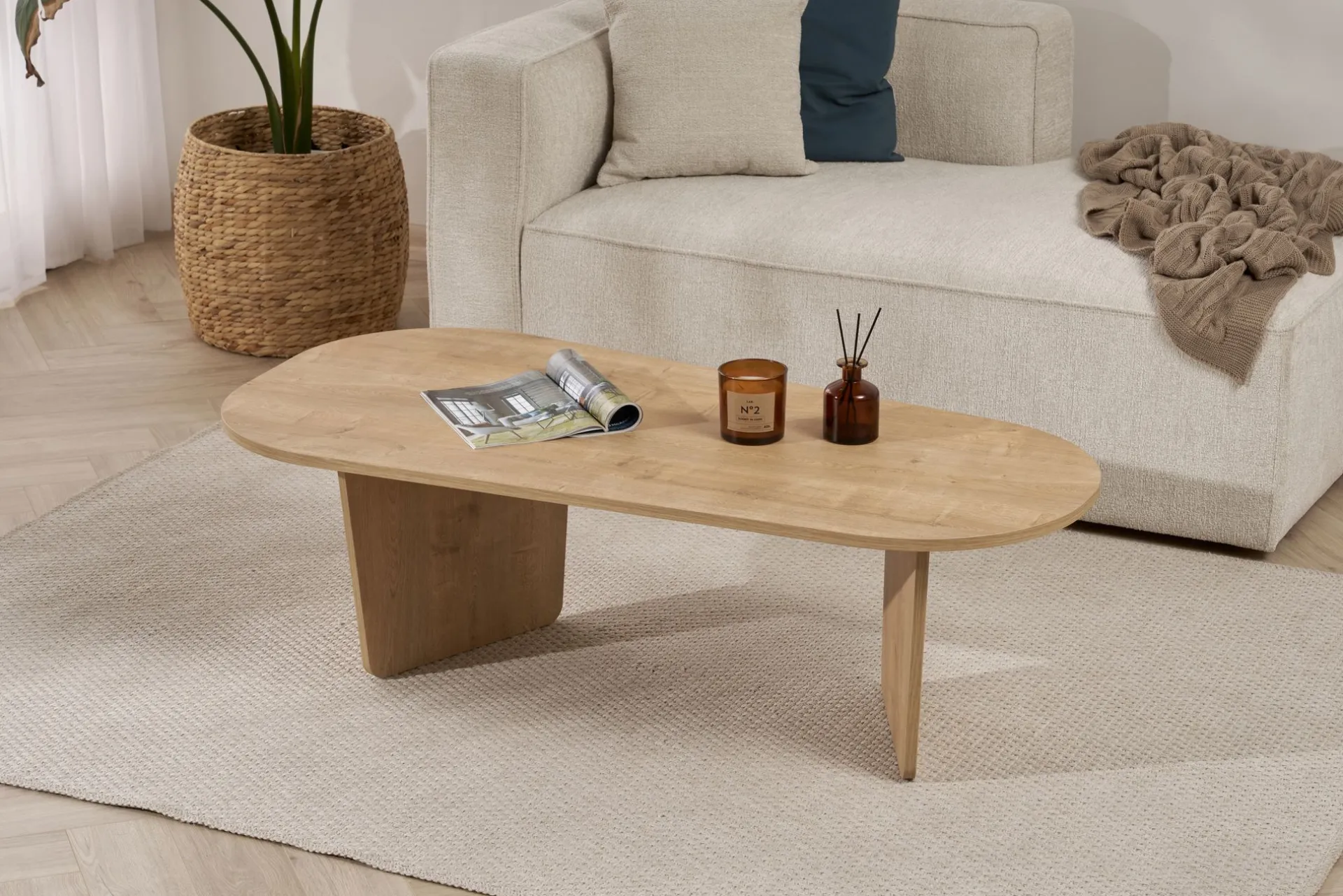 Emob Couchtisch Ovalis - 100% MELAMINE - Eiche - 40 x 65 x 130 cm