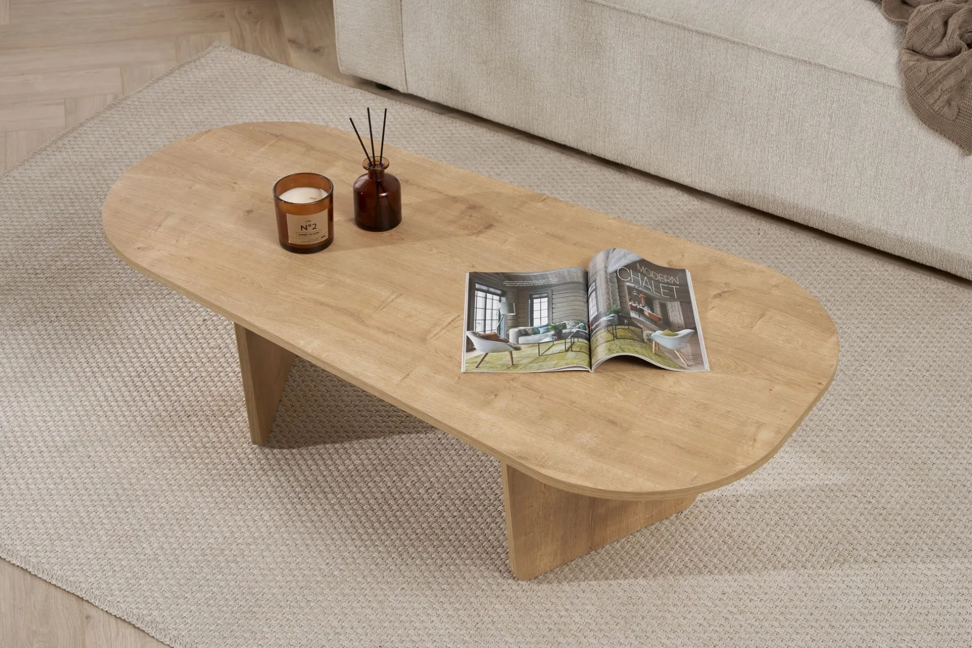 Emob Couchtisch Ovalis - 100% MELAMINE - Eiche - 40 x 65 x 130 cm