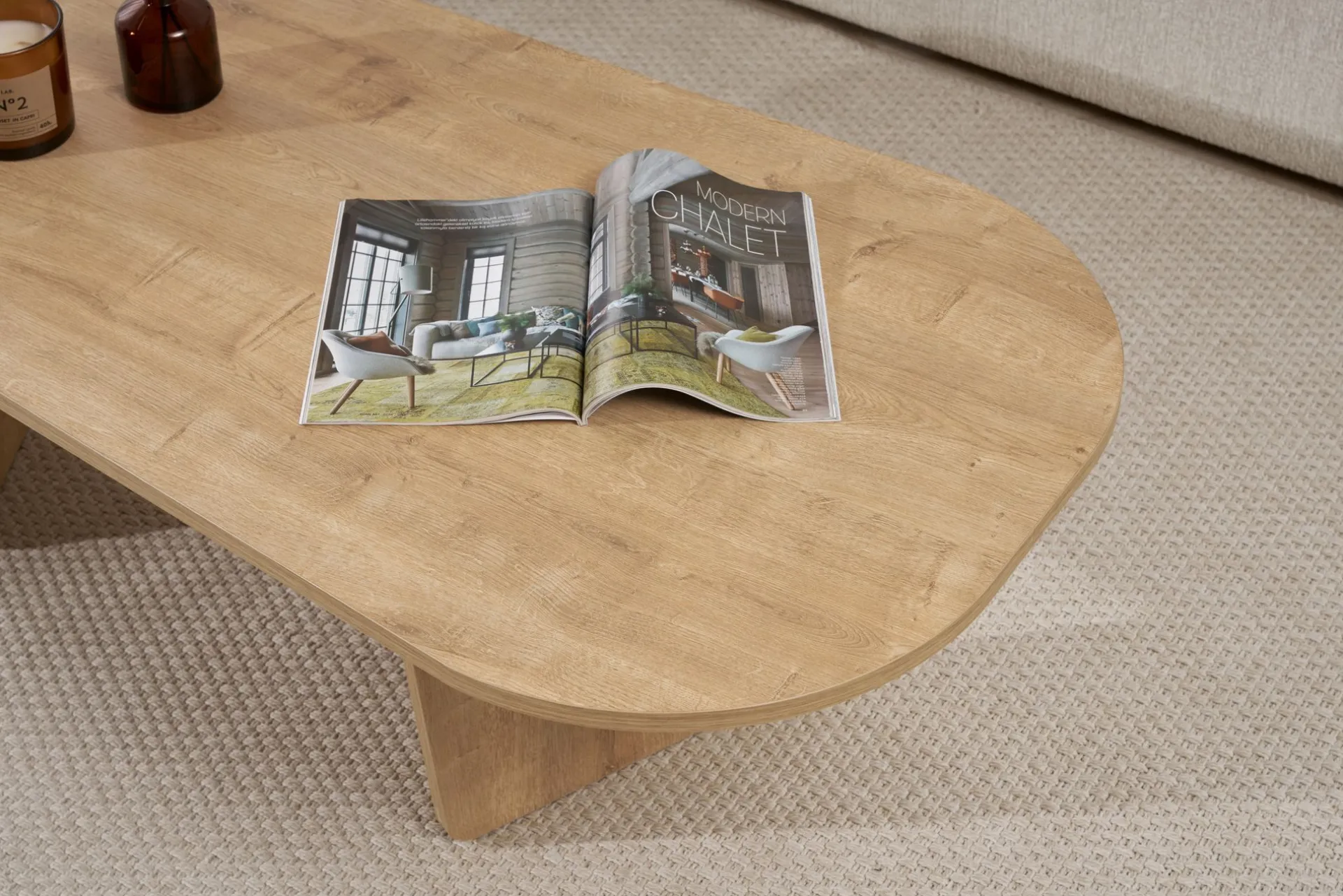 Emob Couchtisch Ovalis - 100% MELAMINE - Eiche - 40 x 65 x 130 cm
