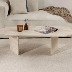 Emob Couchtisch Ovalis - 100% MELAMINE - Travertin - 40 x 65 x 130 cm