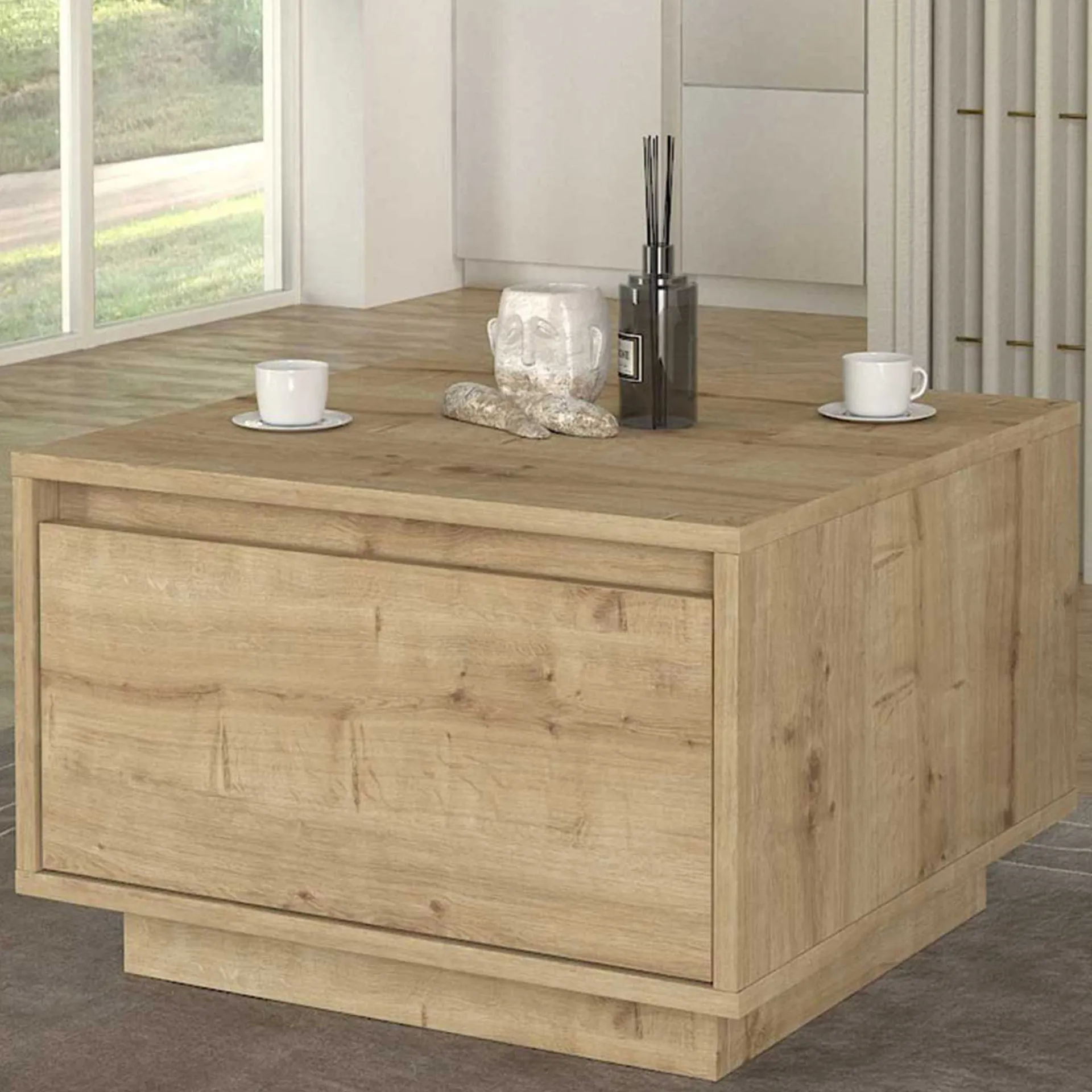 Emob Couchtisch Pura - 60x60x40cm mit Ablageschublade - Eiche Dekor
