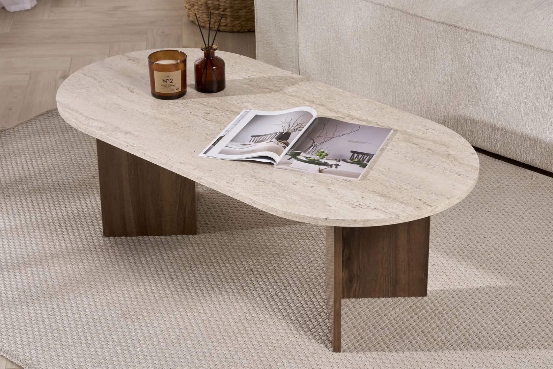 Emob Couchtisch Sable - 100% MELAMINE - Travertin - 40 x 60 x 119 cm