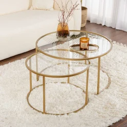 Emob Couchtisch-Set Aurum - 100% TEMPERED GLASS - Gold - 43 x 80 x 80 cm