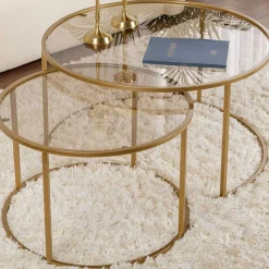 Emob Couchtisch-Set Aurum - 100% TEMPERED GLASS - Gold - 43 x 80 x 80 cm
