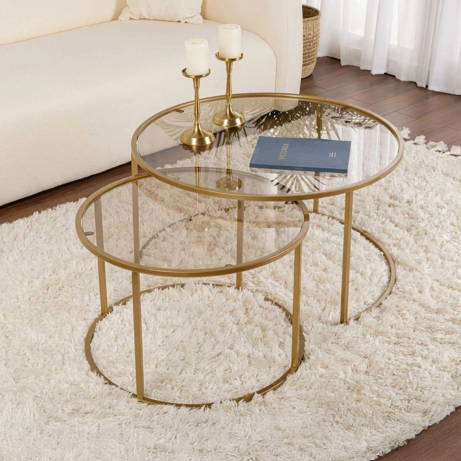 Emob Couchtisch-Set Aurum - 100% TEMPERED GLASS - Gold - 43 x 80 x 80 cm