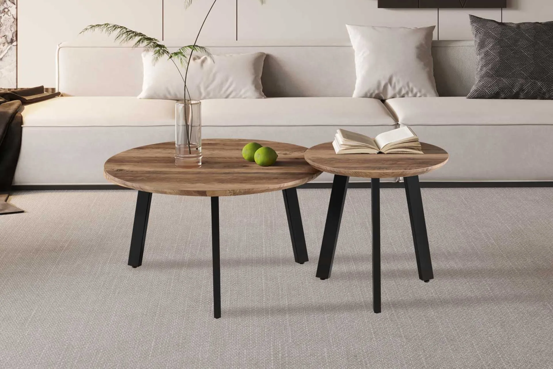 Rousseau Couchtisch-Set Aziz - Ø50x50cm und Ø80x45cm - Mangoholz/schwarz