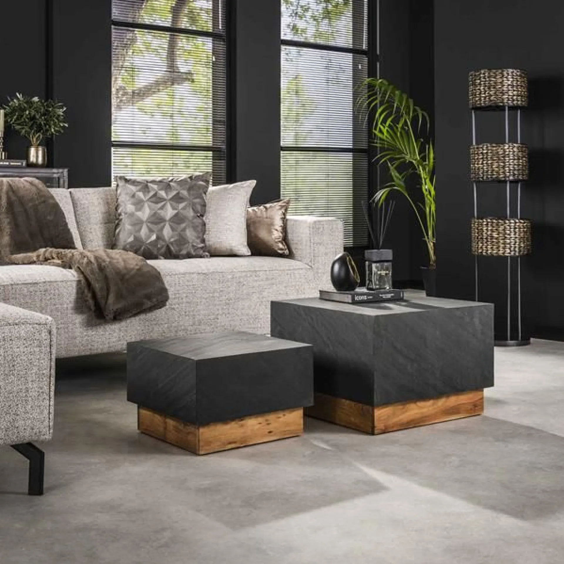 Emob Couchtisch-Set Boxy-Schiefer/Akazie