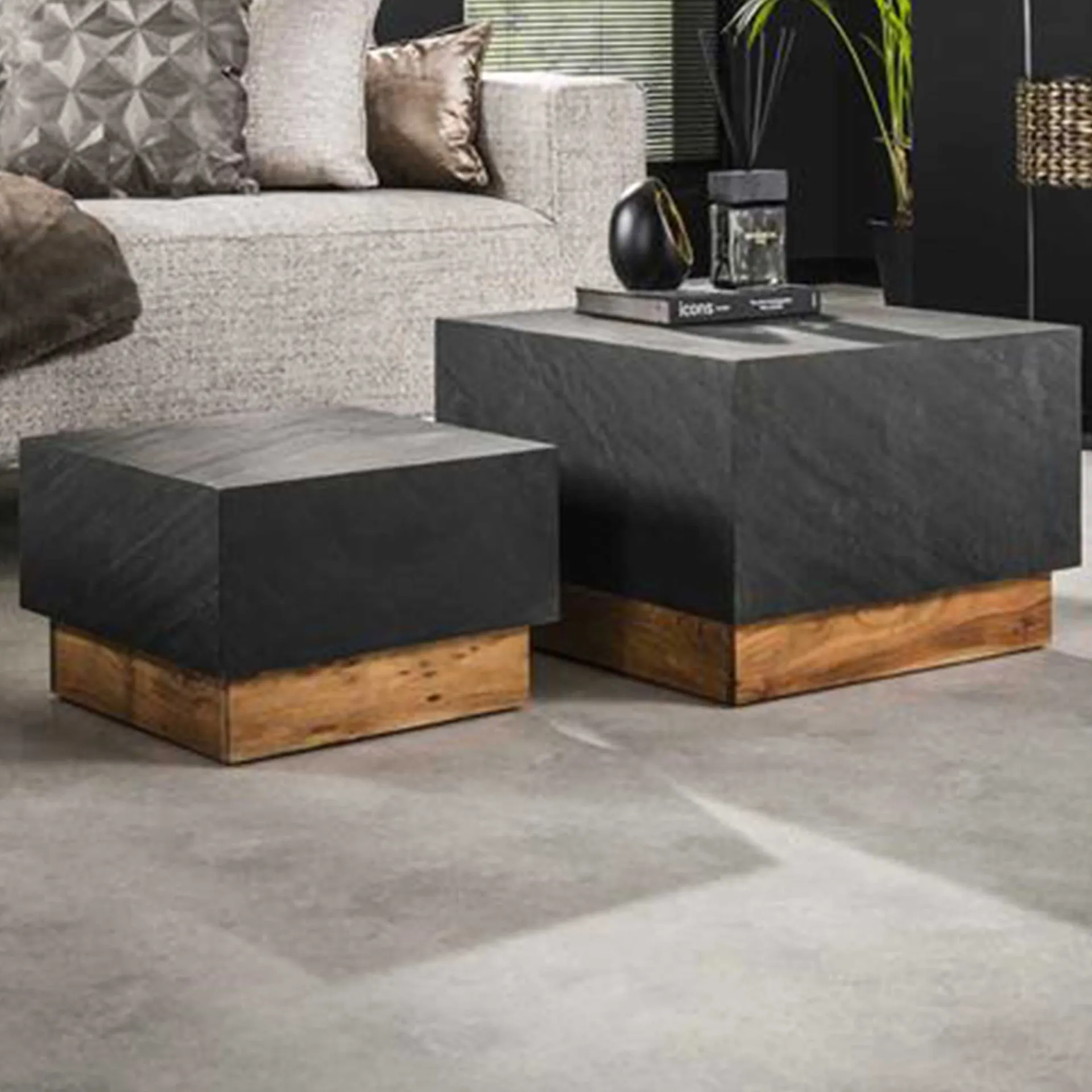 Emob Couchtisch-Set Boxy-Schiefer/Akazie