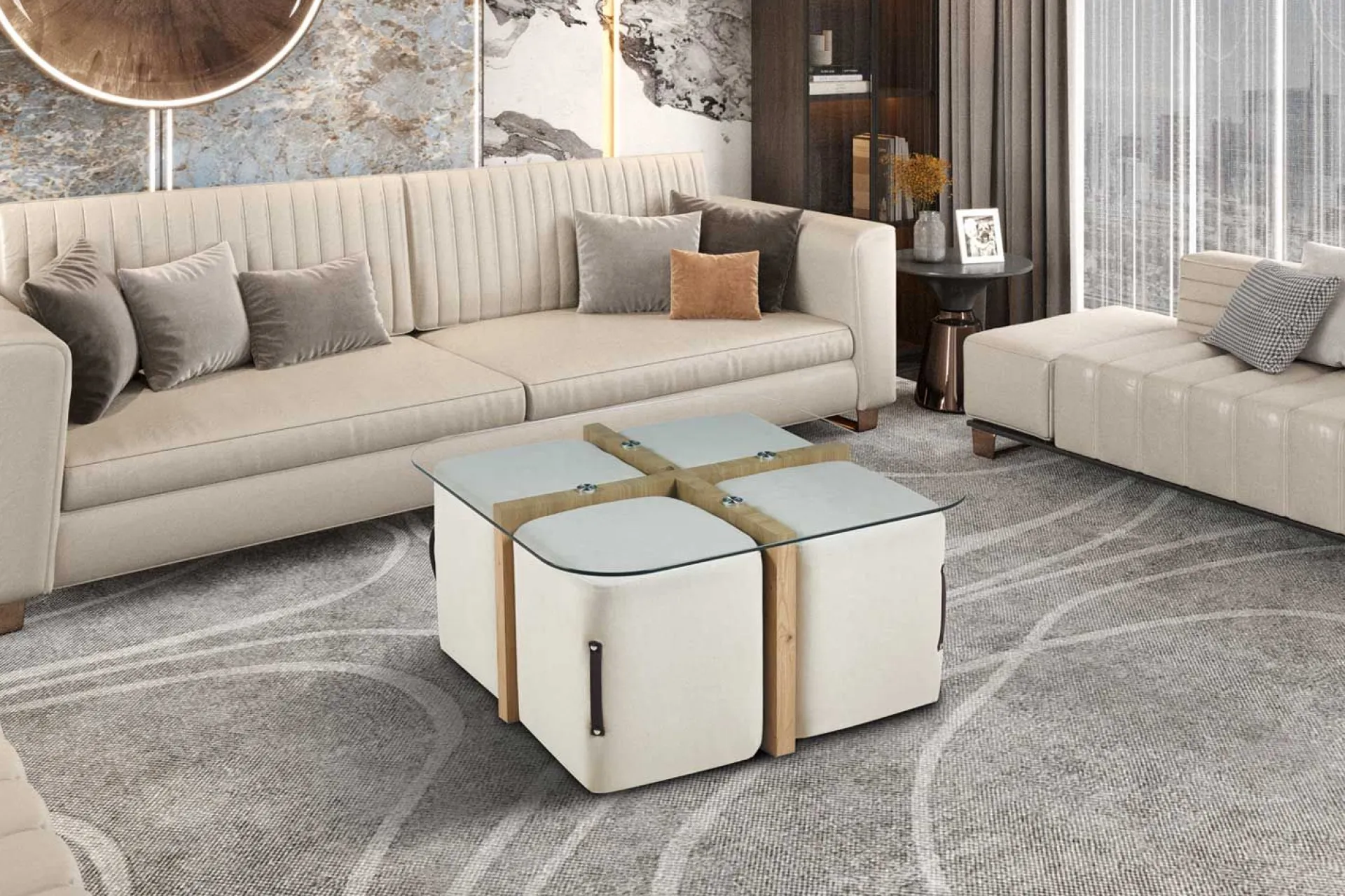 Rousseau Couchtisch-Set mit vier Hockern Shana | 90 x 90 x 45 cm | - Glas