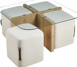 Rousseau Couchtisch-Set mit vier Hockern Shana | 90 x 90 x 45 cm | - Glas