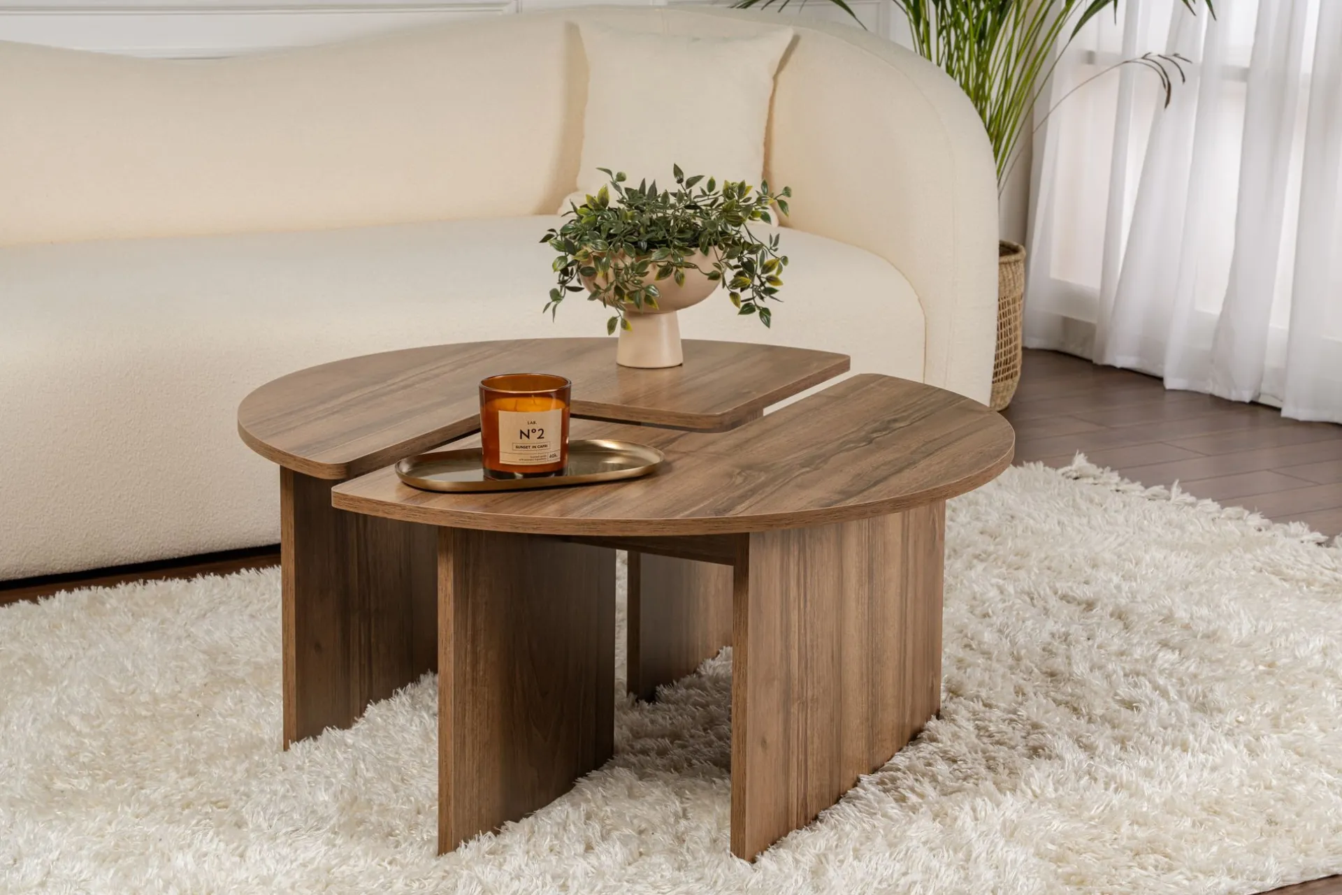 Emob Couchtisch-Set Moira - Ø90x41cm - 2 Tische - Walnuss-Dekor