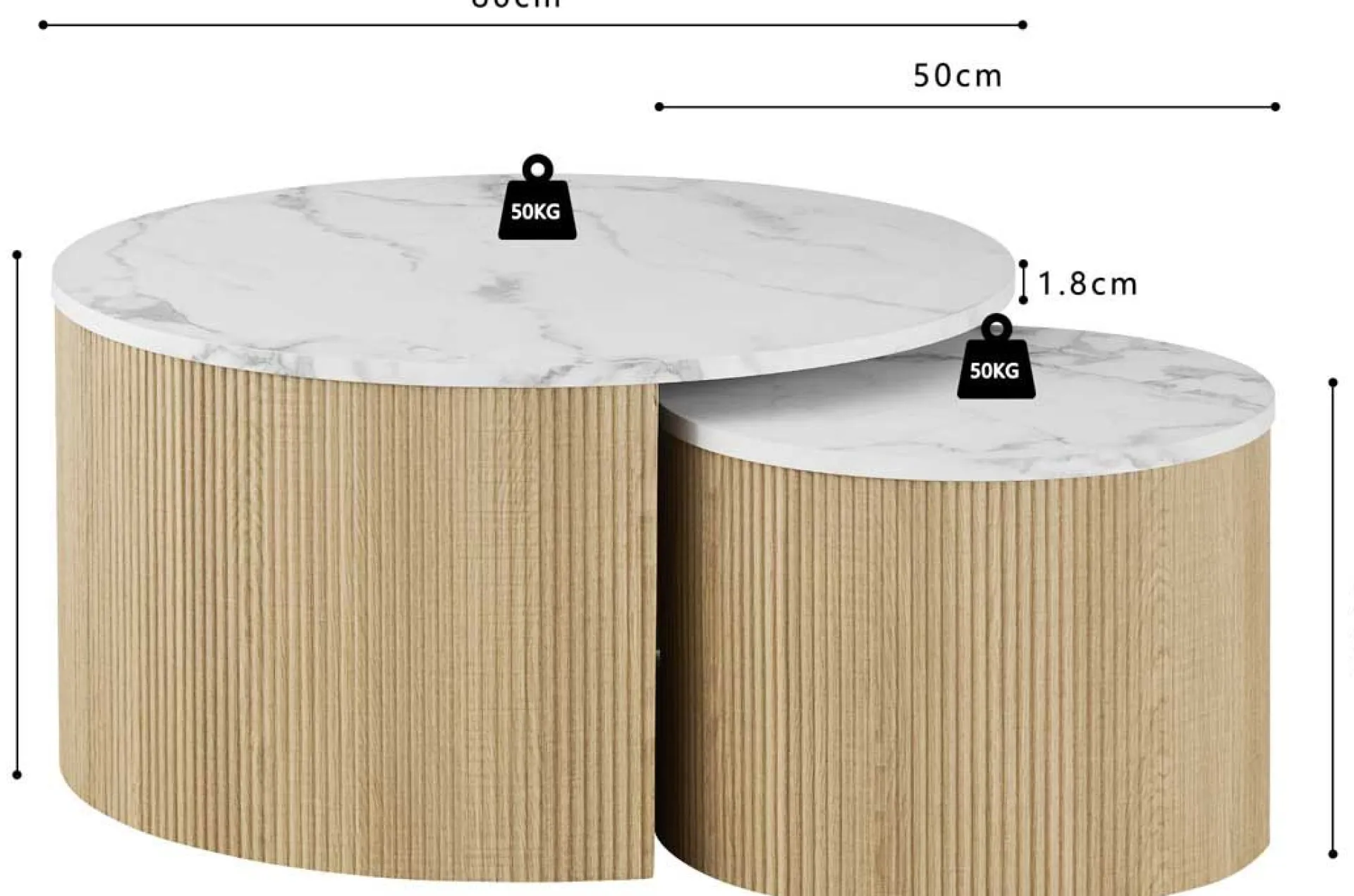 Rousseau Couchtisch-Set Rowan - Ø80x42cm und Ø50x37cm - Eiche Dekor/Marmor