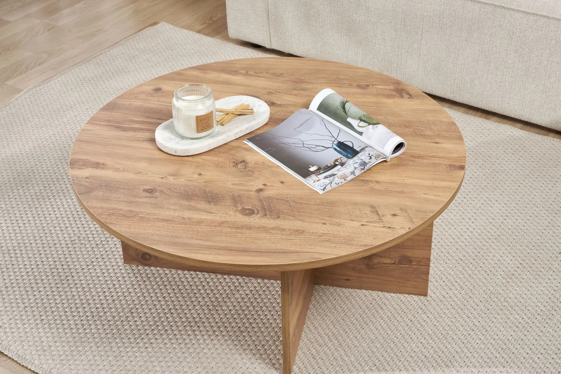 Emob Couchtisch Soleil - 100% MELAMINE - Atlantik-Kiefer - 40 x 90 x 90 cm