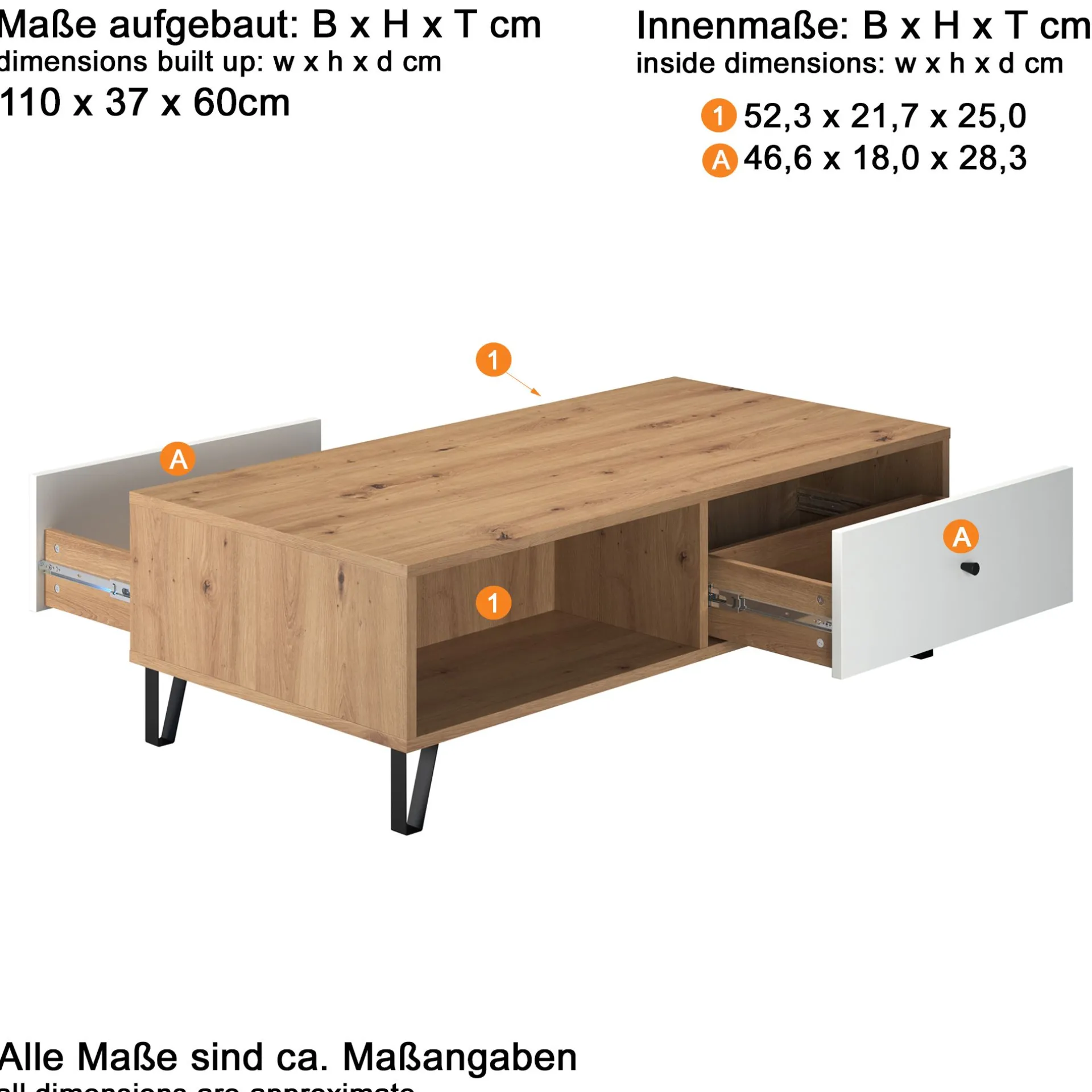 Trendteam Couchtisch Touch | 110 x 60 x 37 cm | Artisan Oak Design