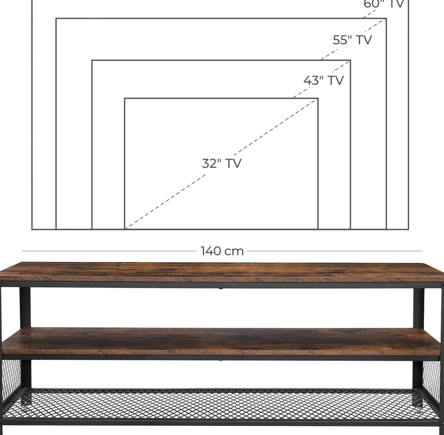 Couchtisch/TV-Schrank Bill 140x40 2 Regale - rustikal braun/schwarz
