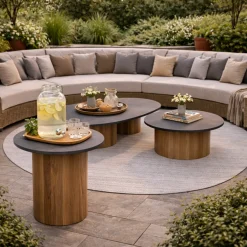 Gescova Couchtisch Viola Ø42cm - Teakholz und gesinterter Stein - Dunkelgrau