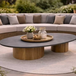 Gescova Couchtisch Viola 140x90cm Teakholz & gesinterter Stein Dunkelgrau