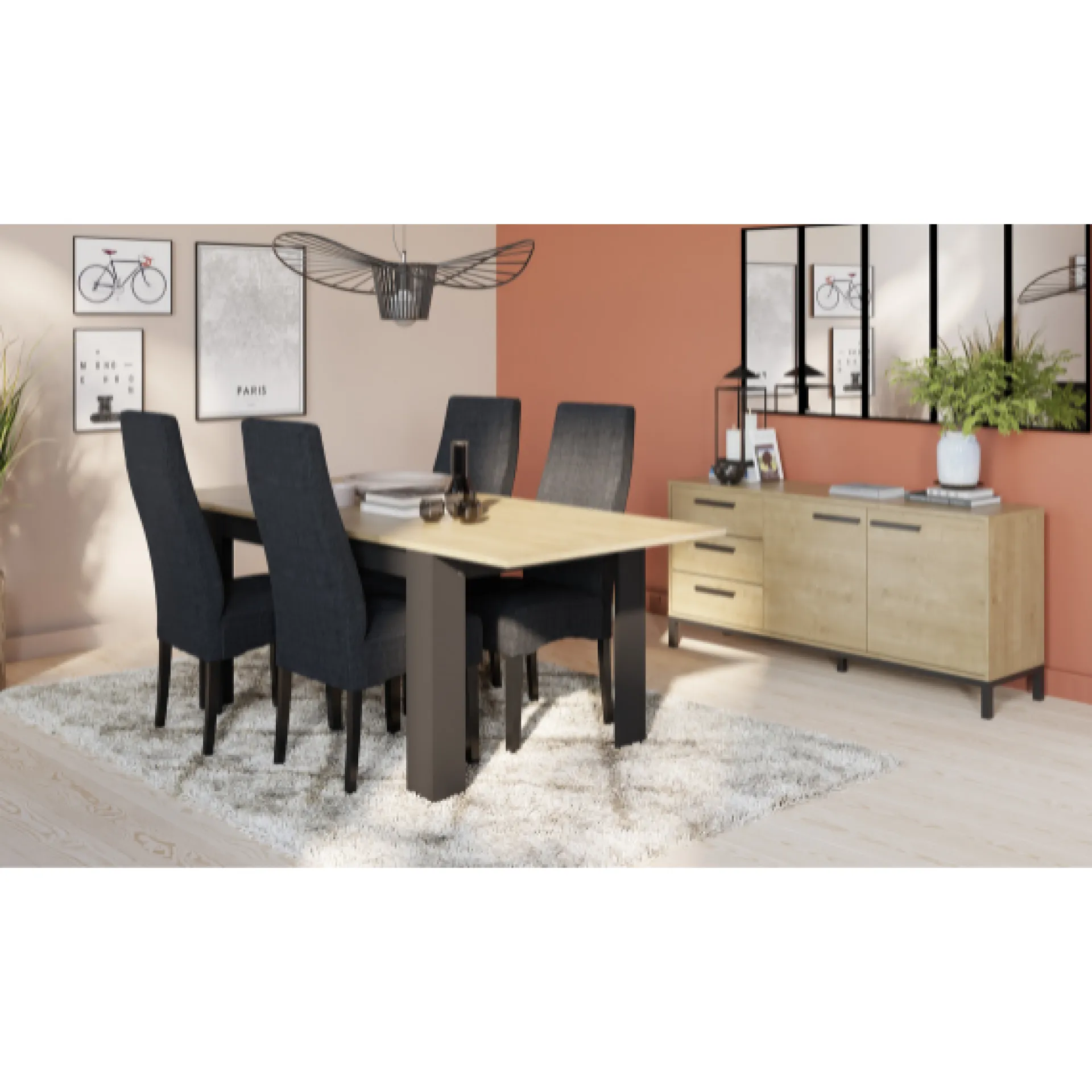 CBA Craig Ausziehbarer Esstisch 160/200 x 90 cm-Hamilton Eiche/Mattschwarz
