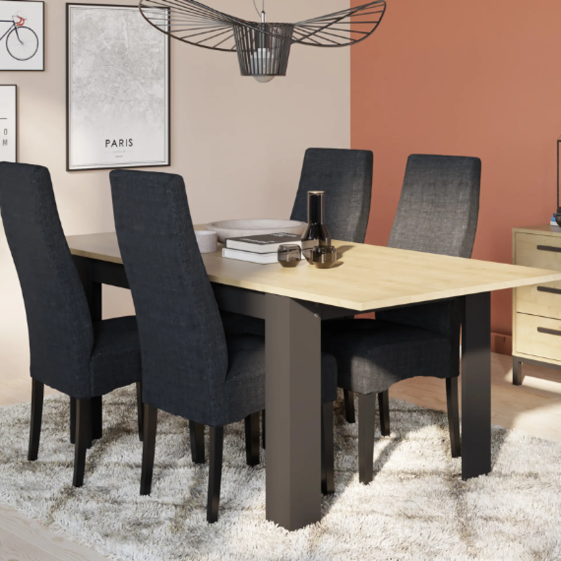 CBA Craig Ausziehbarer Esstisch 160/200 x 90 cm-Hamilton Eiche/Mattschwarz