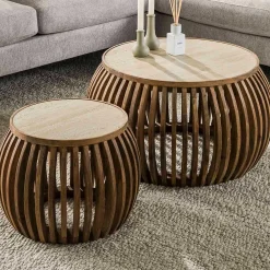 Emob Curve Nuovo Travertin Couchtisch-Set - Massivholz Mango