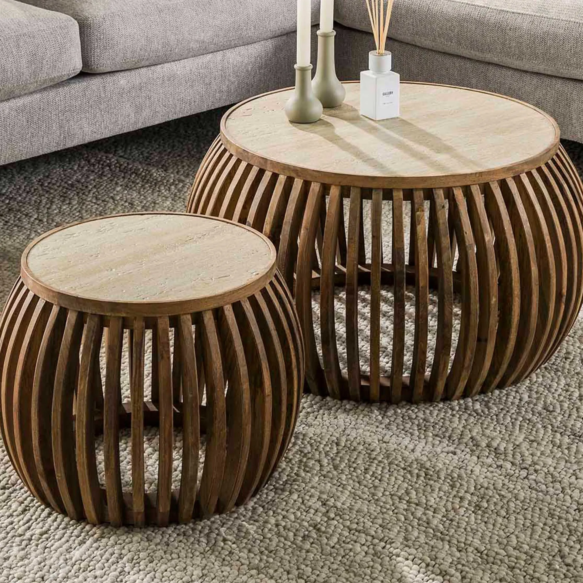 Emob Curve Nuovo Travertin Couchtisch-Set - Massivholz Mango