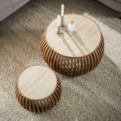 Emob Curve Nuovo Travertin Couchtisch-Set - Massivholz Mango
