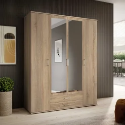 Daniela 160cm Kleiderschrank mit 4 Türen 2 Schubladen und Spiegel - Eiche