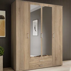 Daniela 160cm Kleiderschrank mit 4 Türen 2 Schubladen und Spiegel - Eiche