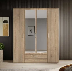 Daniela 160cm Kleiderschrank mit 4 Türen 2 Schubladen und Spiegel - Eiche