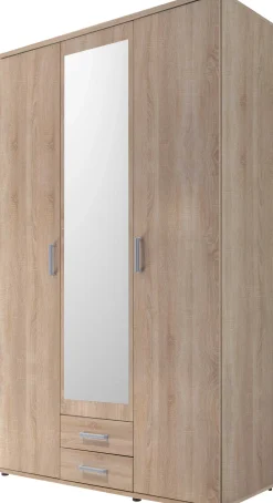 Daniela 120cm Kleiderschrank mit 3 Türen 2 Schubladen und Spiegel - Eiche